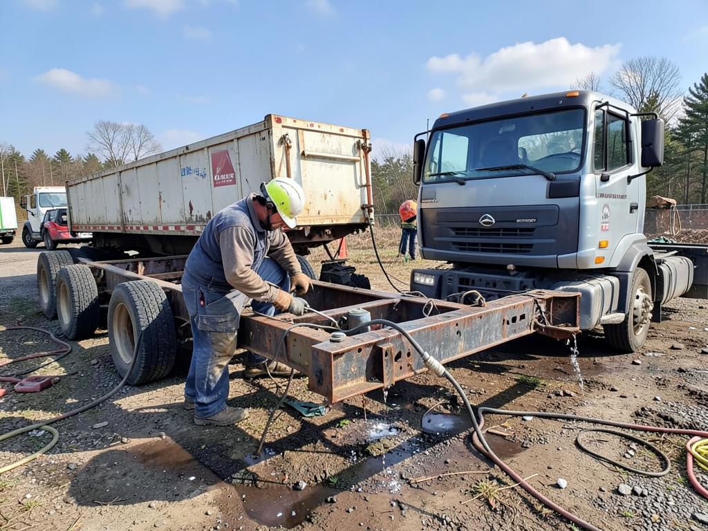Soudeur réparant sur place le châssis acier d'une remorque