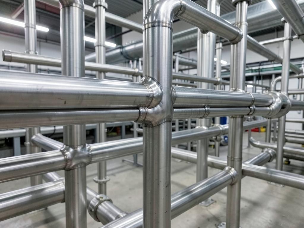 Réseau de tuyauterie inox soudé dans un site industriel